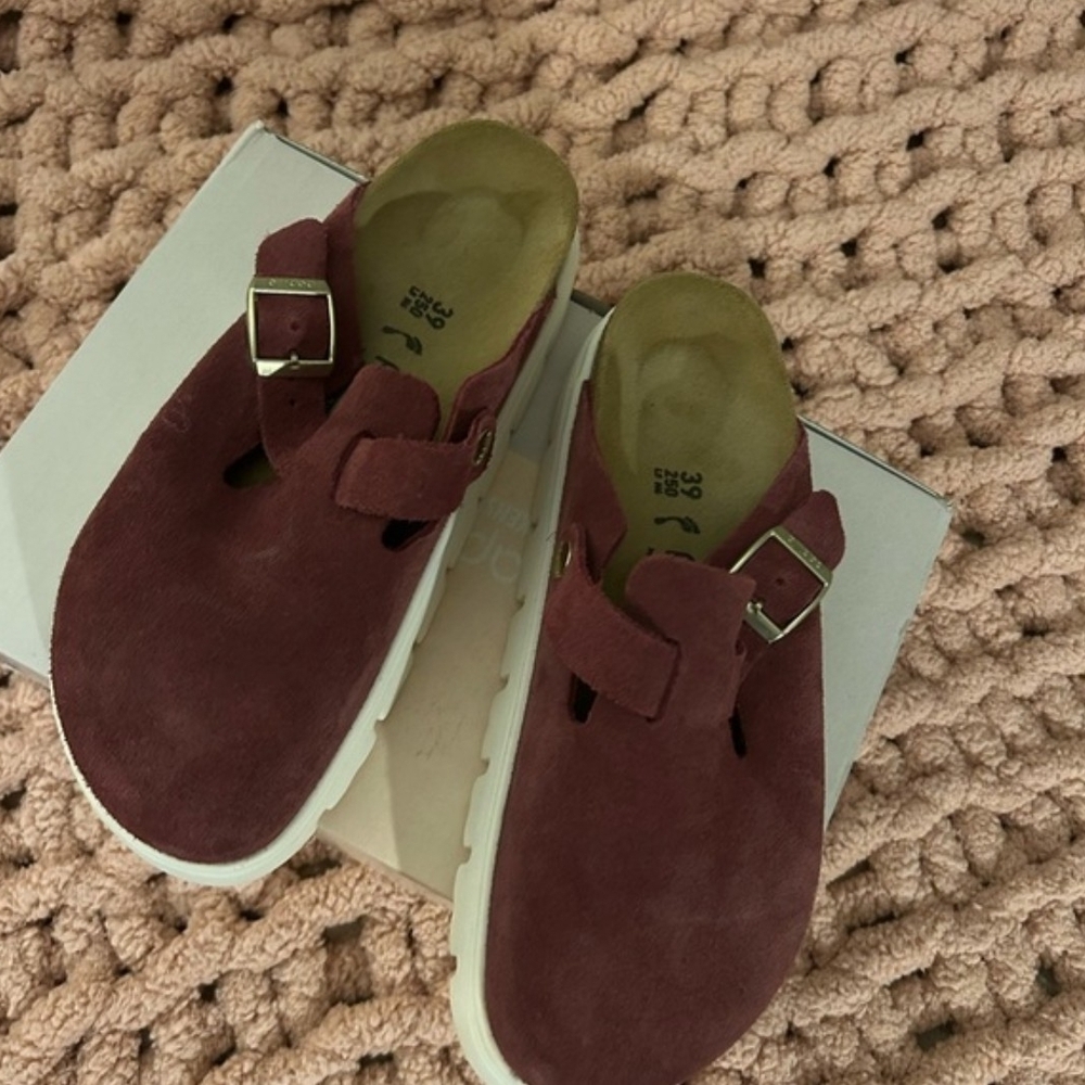Papillio Burgundy Suede Mules with Buckle